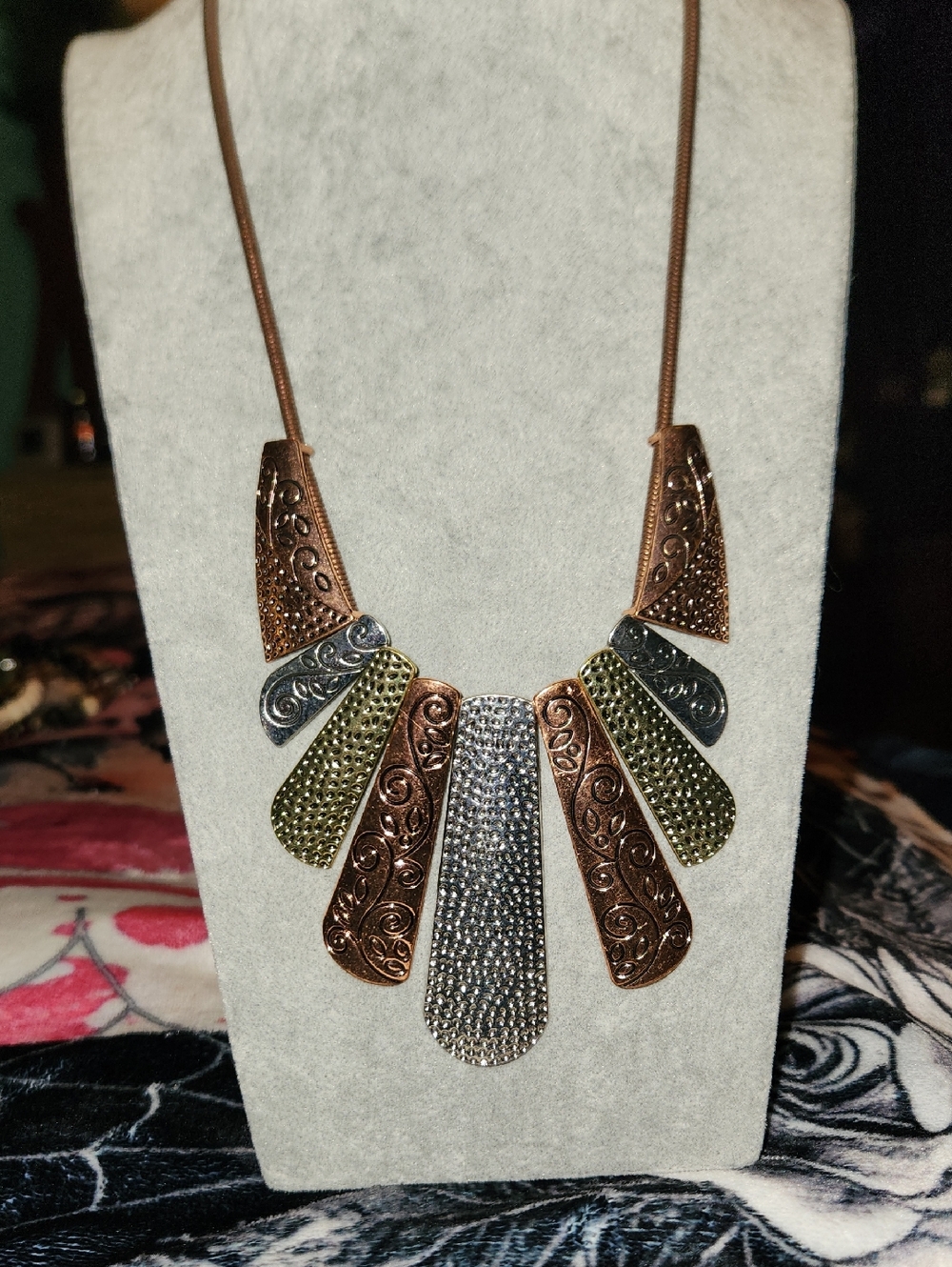 Multi-Tone Statement Pendant Necklace - Gold, Silver, Bronze